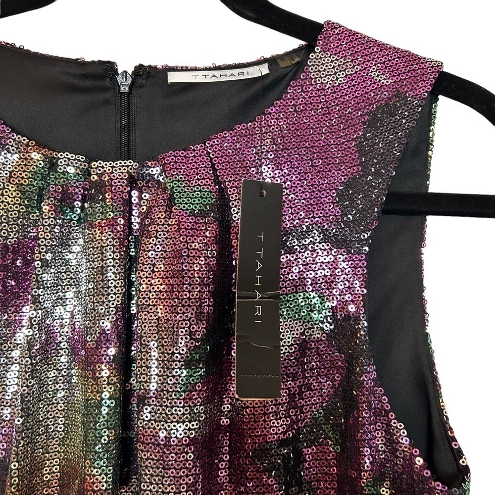 T Tahari Helena Black/Multi Color Floral Sequin Sleeveless Pleated Collar Dress - Picture 10 of 16